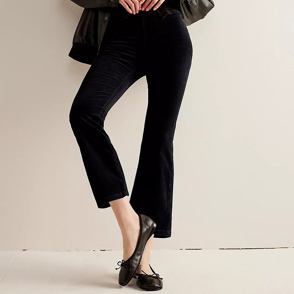 NEW Free People In My Feelings Velvet Crop Slim Flare Pants In Black